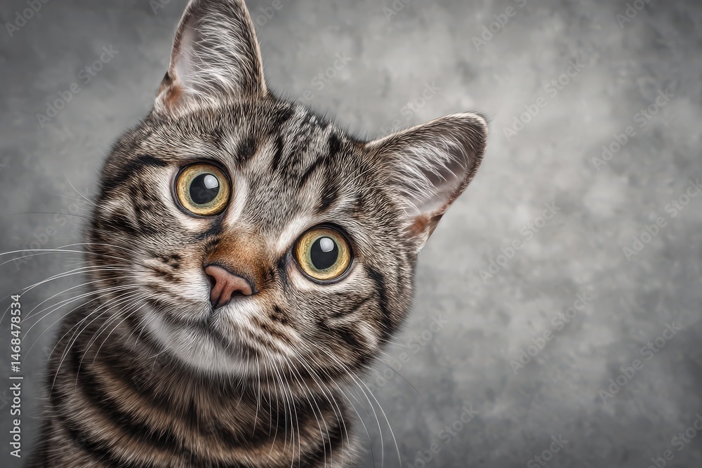 A curious striped cat with big round eyes tilts its head slightly.