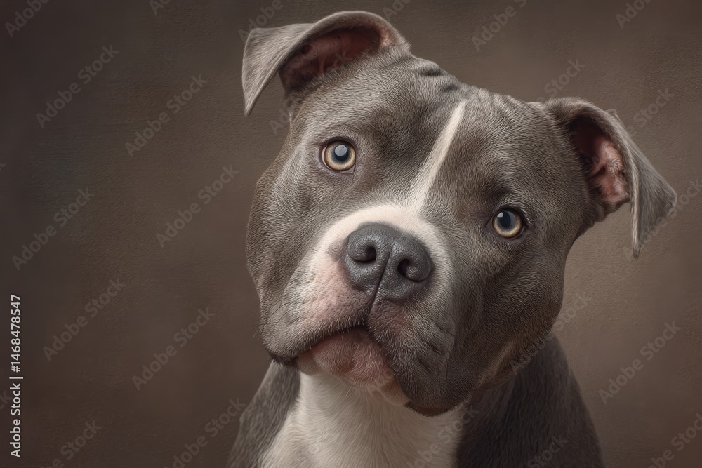 A pit bull dog gazes curiously with big expressive eyes. Its fur is a mix of gray and white, and the lighting highlights its gentle features and playful demeanor.