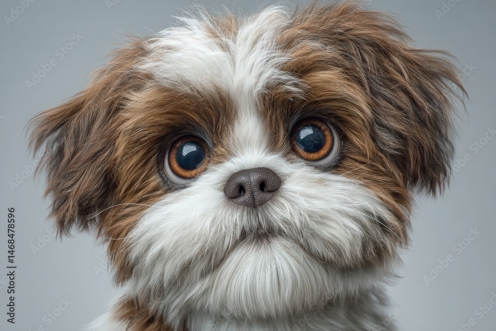 A small Shih Tzu puppy showcases its fluffy fur and large, expressive eyes. The puppys curious expression draws attention, highlighting its playful and affectionate nature.