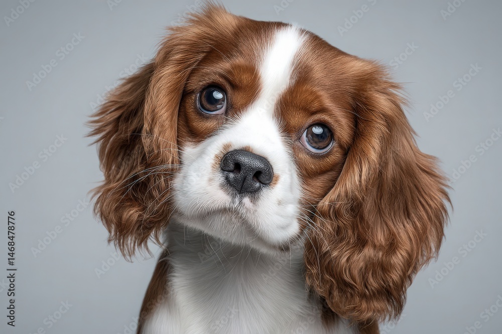 A playful dog with brown and white fur tilts its head, showcasing its big, expressive eyes. The background is simple, emphasizing the dogs adorable features and curious demeanor.