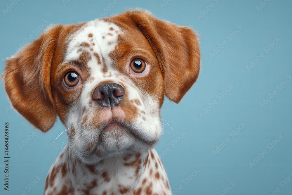 A cute dog with brown and white spotted fur gazes curiously at the viewer. Its expressive eyes and floppy ears add to its charming appearance, making it a delightful sight.