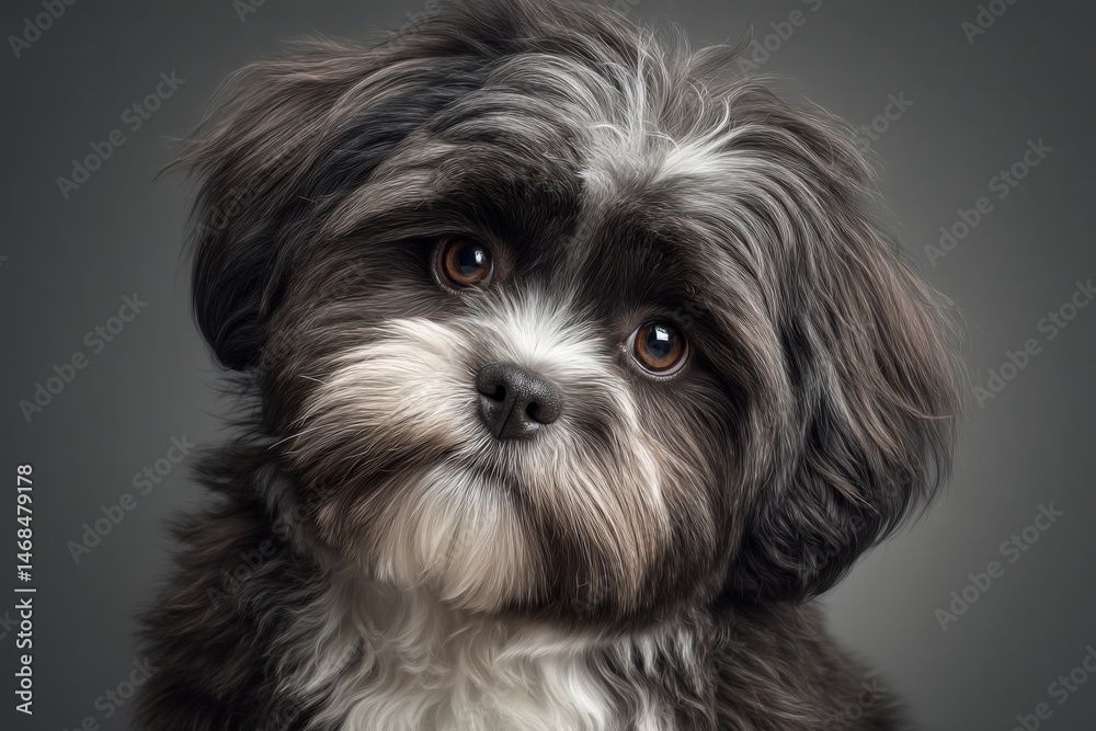 A small, fluffy dog with a charming expression sits against a neutral background. Its shiny coat features a mix of black and white. The dogs large, expressive eyes draw attention.