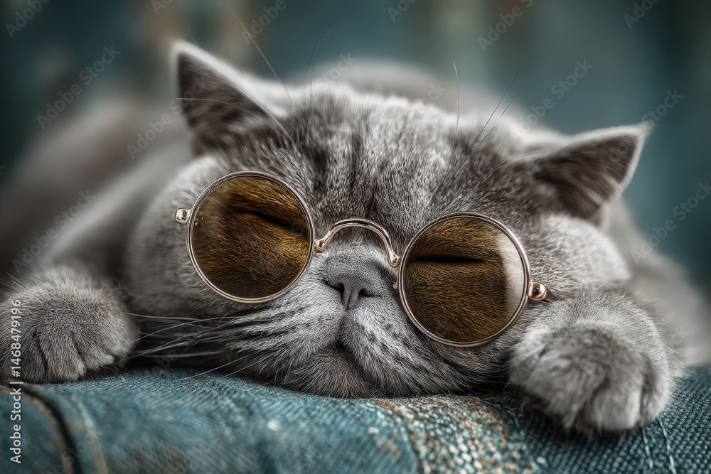 A fluffy gray cat relaxes on a cushion, wearing round sunglasses with closed eyes. Its peaceful demeanor captures a tranquil moment during a sunny afternoon, showcasing a playful vibe.