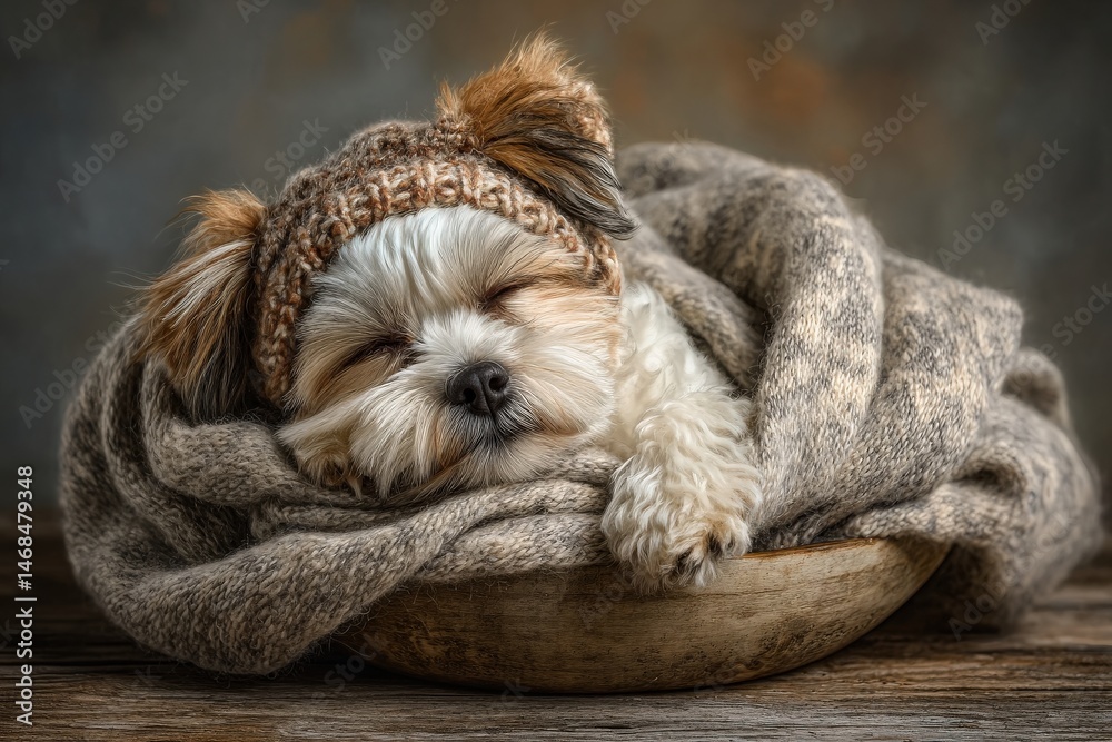 A small dog peacefully sleeps in a wooden bowl, wrapped in a soft blanket. The dog wears a knitted hat and looks warm and comfortable in a cozy indoor setting.