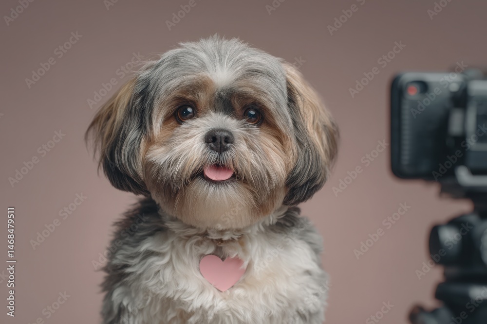 A fluffy dog with a gray and brown coat is sitting in a studio, looking directly at the camera. The dog has a pink heart-shaped tag and displays a cheerful expression, tongue out.