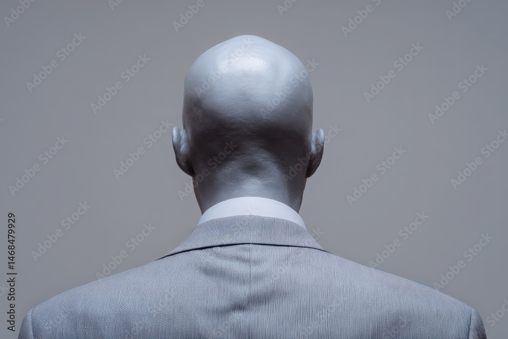A figure stands facing away, wearing a light gray suit. The bald head glistens slightly under soft lighting, creating a stark contrast with the neutral background.