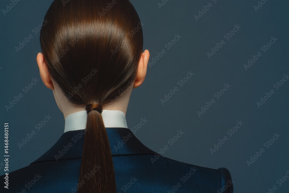 A woman stands with her back to the viewer, showcasing her long brown hair pulled into a neat ponytail. She is dressed in a tailored navy suit, exuding professionalism and elegance.