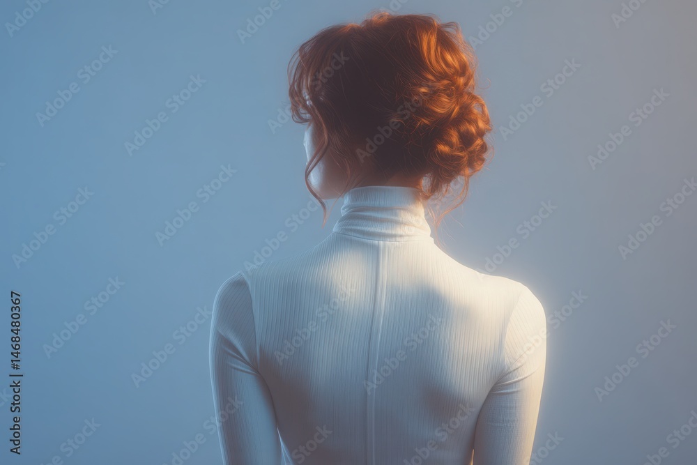 A woman stands with her back to the viewer, her hair styled in a bun. Soft blue lighting creates a calming atmosphere, emphasizing her graceful posture and minimalist outfit.
