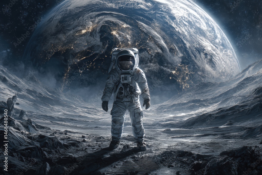 An astronaut stands on the moons surface under a starry sky, with Earth shining brightly in the background, showcasing the beauty of space exploration at night.
