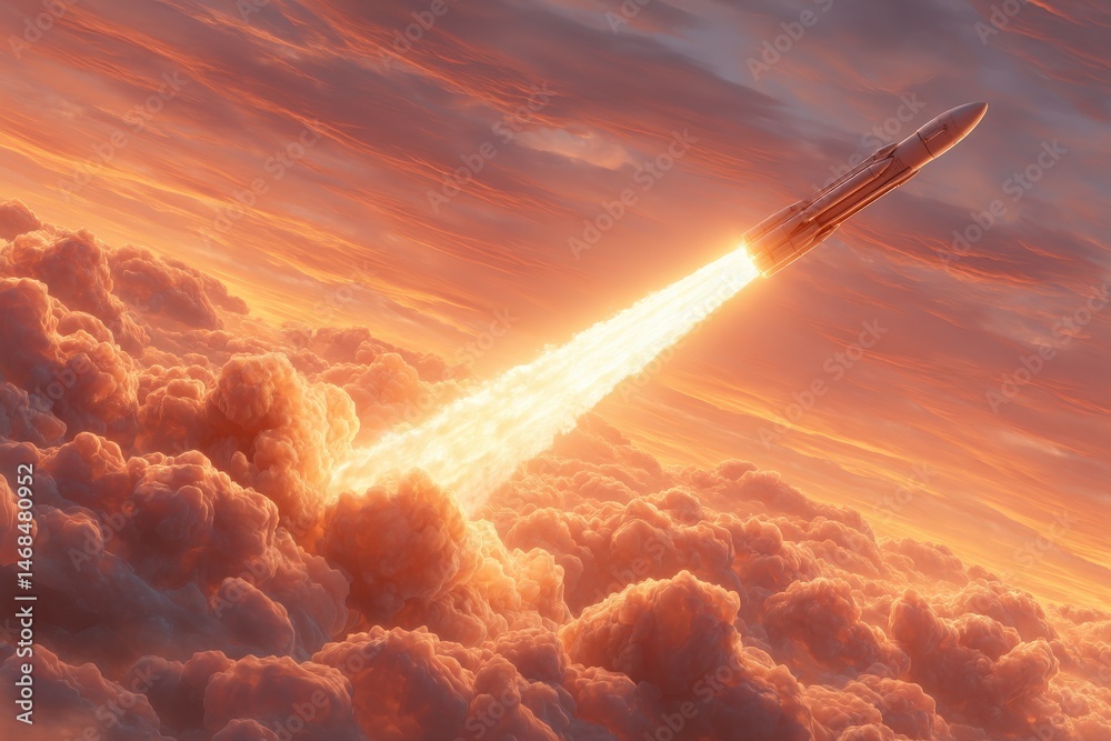 A rocket ascends through a dramatic sunset sky, leaving a trail of fire and smoke. The colorful clouds create a stunning backdrop as the vehicle escapes the Earths atmosphere.