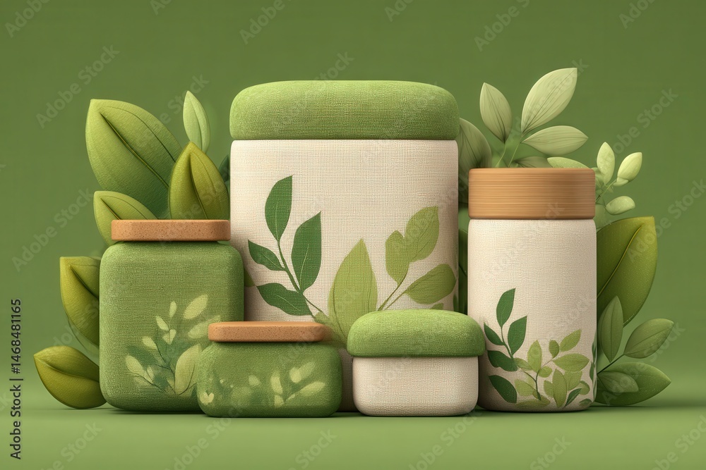 Various containers with green and natural designs are arranged amidst a backdrop of fresh leaves. The scene emphasizes a connection to nature and eco-friendly living.