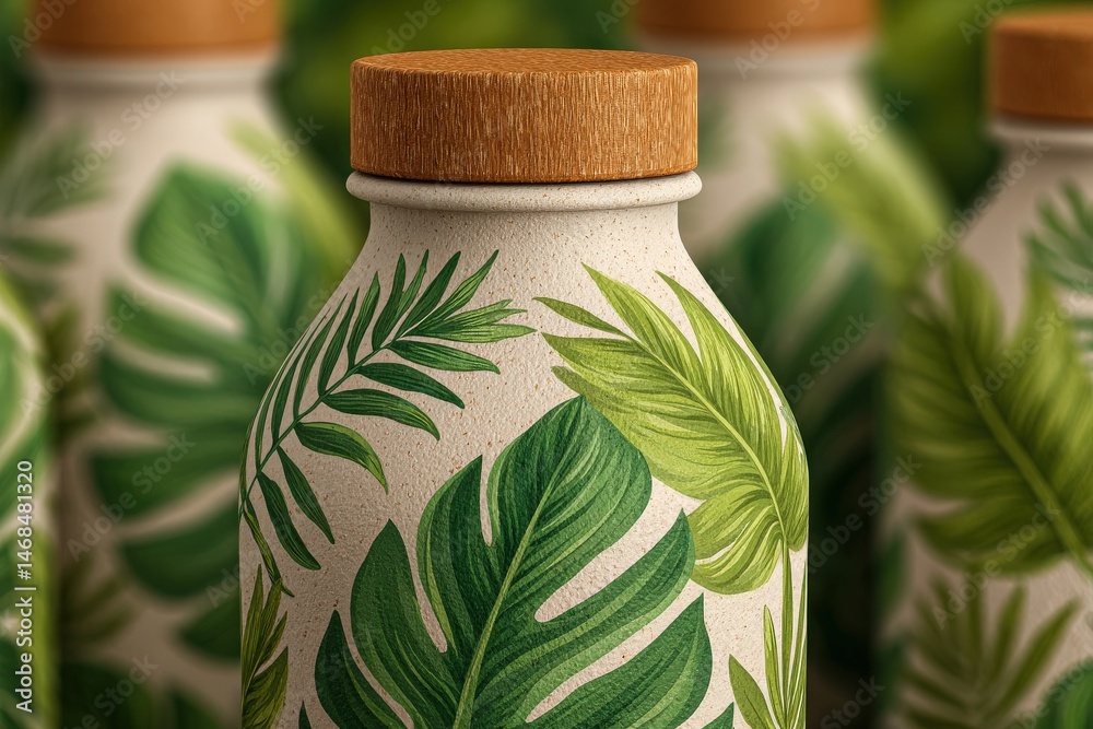 A collection of eco-friendly water bottles with intricate tropical leaf designs is arranged in a vibrant setting. The natural wood tops enhance their stylish appearance perfect for outdoor activities.