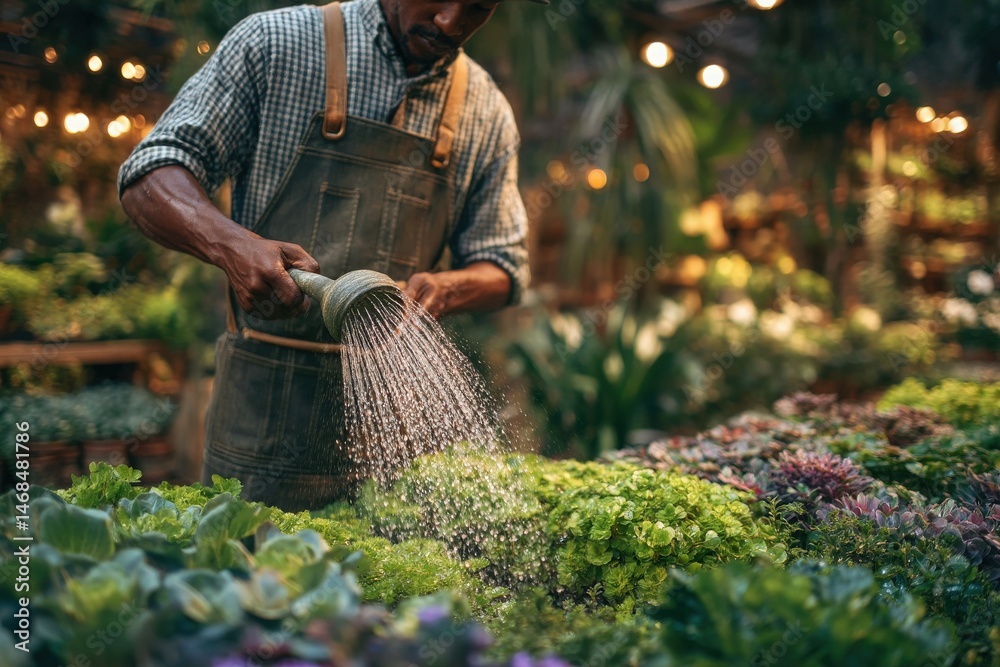 A passionate gardener waters vibrant plants in a greenhouse filled with assorted greens and succulents. Dim, warm lights add a cozy ambiance while the sun sets, creating a serene atmosphere.
