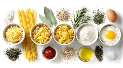 Poster - Cooking ingredients for pasta arranged on white background from top view