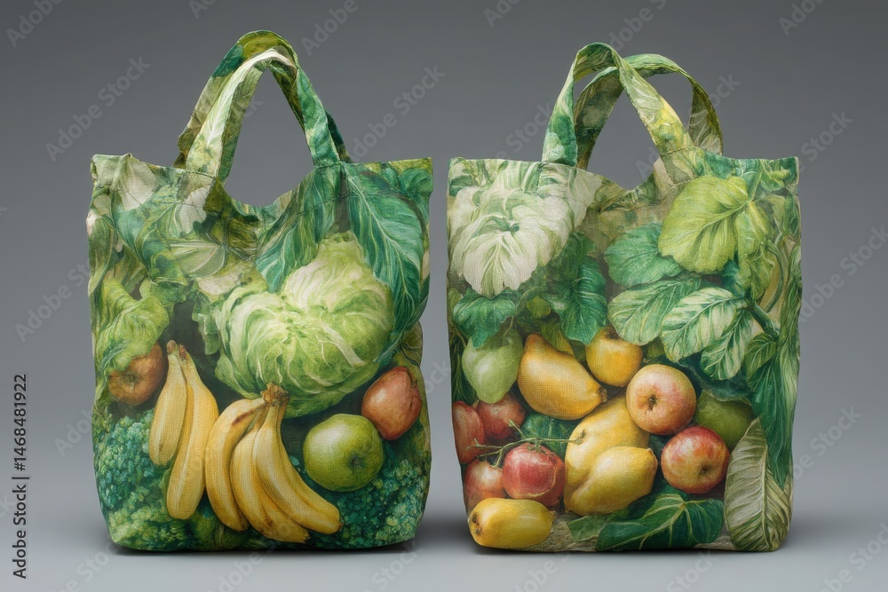 Two reusable grocery bags showcase a vibrant assortment of fresh fruits and vegetables. One bag features bananas and apples, while the other contains pears and leafy greens, promoting sustainability.