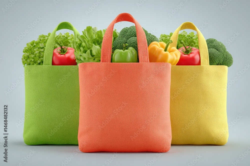 Three vibrant reusable bags filled with fresh vegetables, including tomatoes, peppers, and broccoli, are arranged neatly against a neutral background, promoting healthy eating.