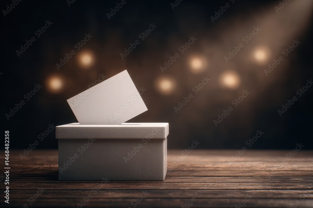 A blank ballot is being cast into a plain white voting box in a softly lit room with warm lights in the background. The atmosphere suggests a focus on democratic participation and civic duty.