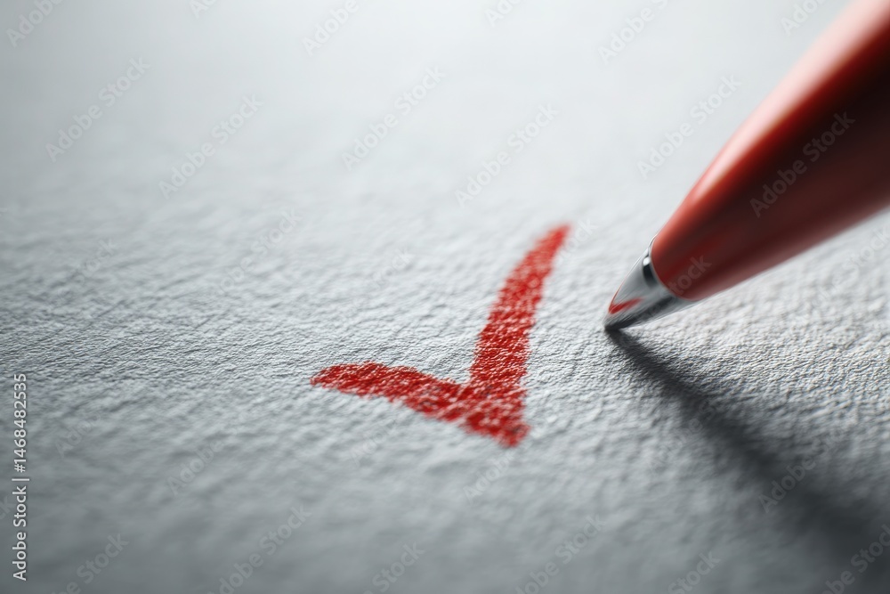 A close-up view of a red pen poised to complete a checkmark on a sheet of textured paper, representing finished tasks or confirmed items. The background is softly blurred.