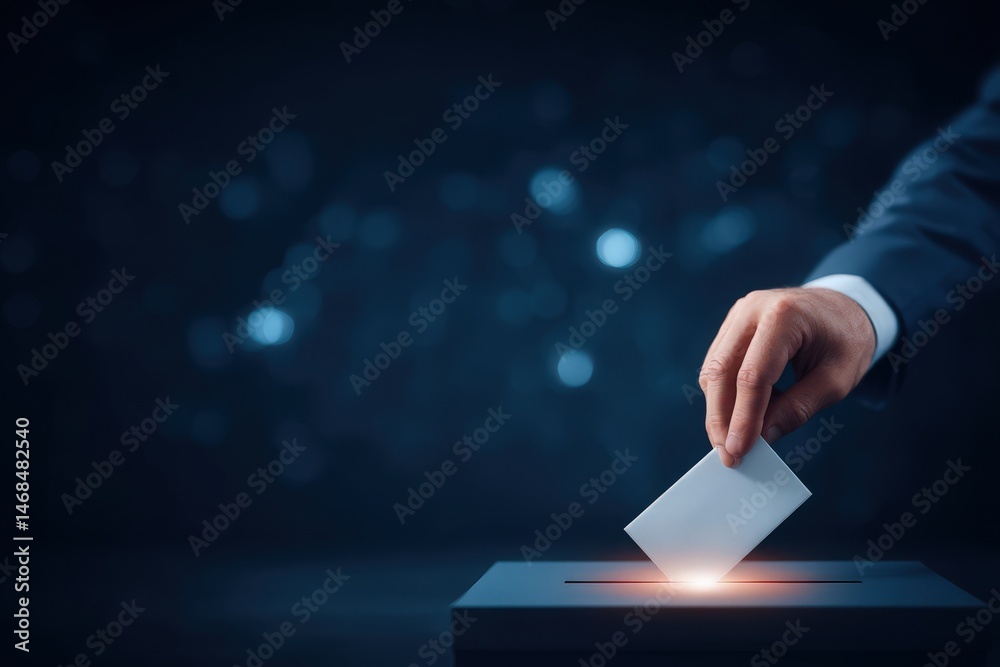 A hand reaches forward to place a ballot into a dark ballot box, symbolizing civic duty and participation in the democratic process during a crucial election moment.