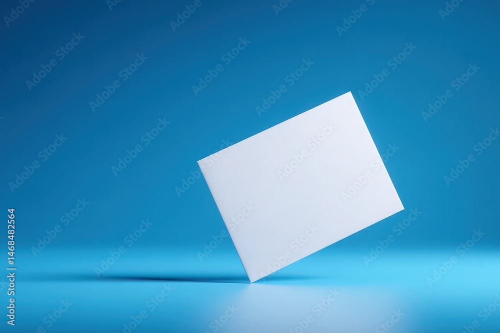 A blank white card hovers above a smooth blue surface, showcasing its potential for various uses like invitations or branding. The vibrant blue adds a lively touch to the simple design.