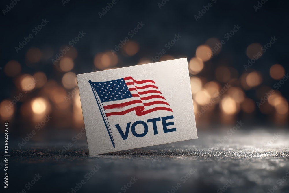 A vote card displays an American flag and the word vote, set against a bokeh background with sparkling lights. The colors and design highlight civic participation and pride.