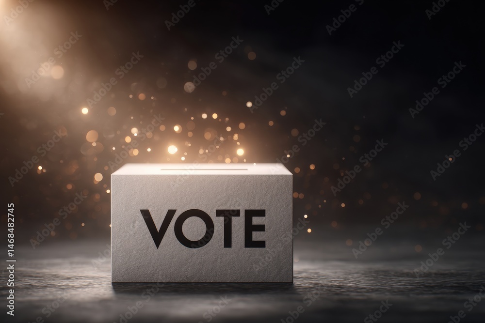 A white ballot box with the word VOTE prominently displayed is lit by a spotlight in a dim environment, symbolizing the importance of civic duty and encouraging voter participation.