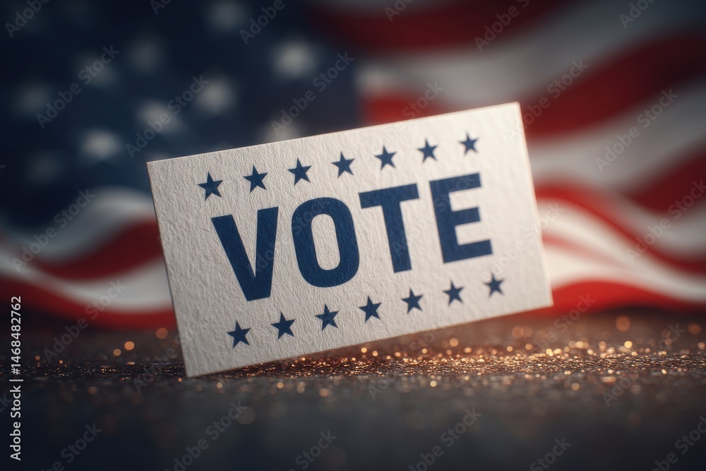 A card reading Vote stands upright against an American flag backdrop. Subtle sparkles illuminate the scene, creating a festive atmosphere.