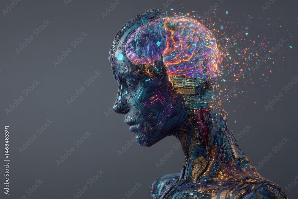 A detailed depiction of a humanoid figure with a brain made of vibrant circuitry. The head showcases digital elements that blend technology and human characteristics, suggesting advanced AI.