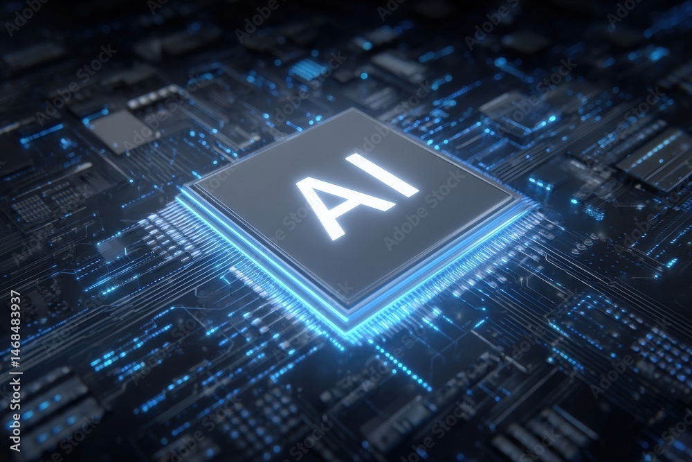 A close-up view of a futuristic circuit board with glowing blue elements. The focus is on a microchip labeled AI, symbolizing advancements in artificial intelligence technology and hardware design.