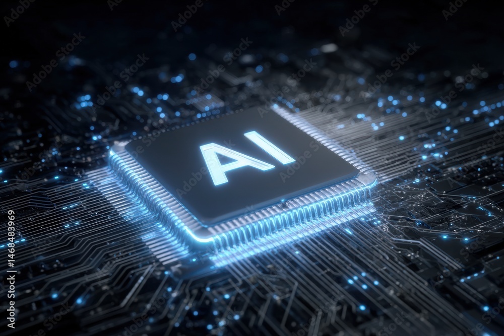 A close-up view showcases a microchip with glowing circuits. The letters AI stand out prominently, symbolizing advancements in technology and artificial intelligence.