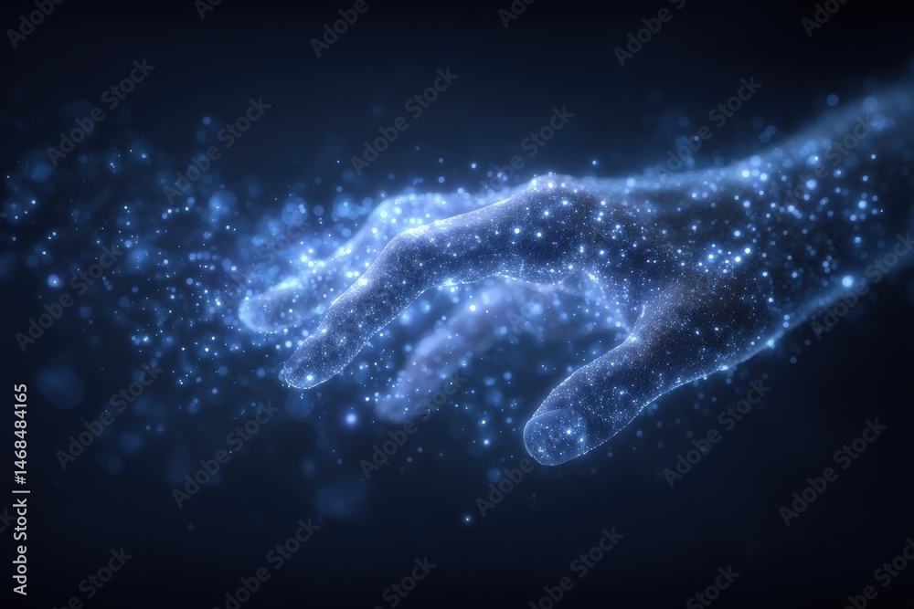 A glowing hand extends into the darkness, surrounded by sparkling particles resembling stars. This ethereal representation evokes feelings of connection and vastness in a cosmic setting.