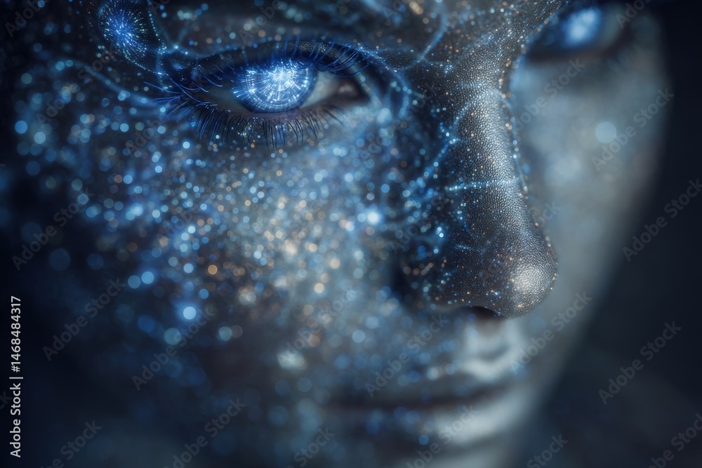 A close-up view reveals a woman whose face is adorned with shimmering cosmic patterns and vibrant stars. The background is dark, enhancing the otherworldly glow on her features.