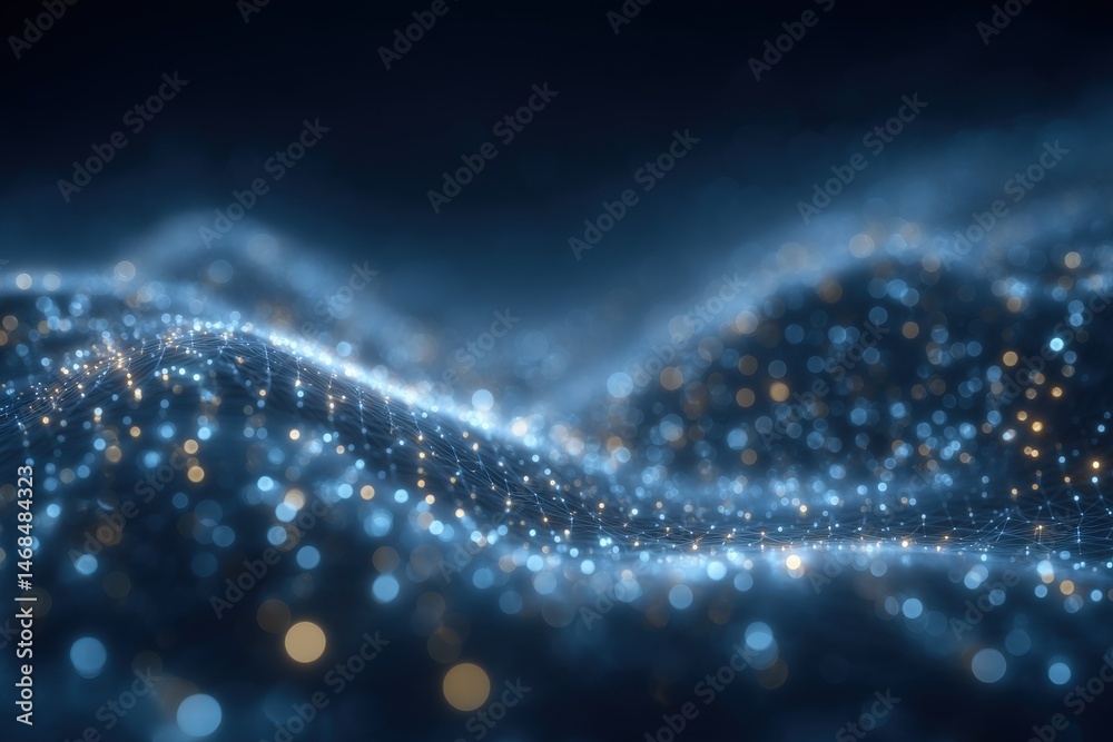 Glowing particles and wave-like patterns form an abstract, mesmerizing display of light against a dark background, evoking a sense of depth and movement. The scene suggests a digital landscape.