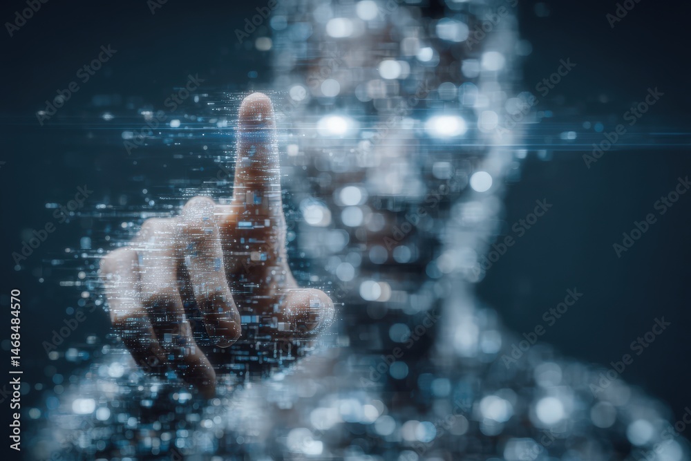 A human figure made of digital particles reaches out with a finger toward a stream of holographic data. The setting appears futuristic, showcasing advanced technology and graphics.