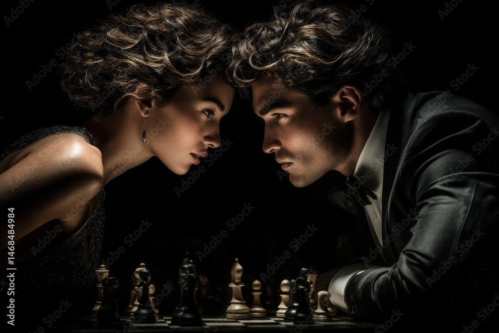 A man and woman stare intensely at each other while engaged in a chess match.