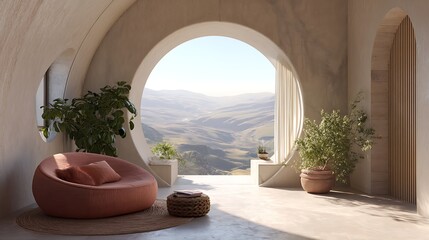 Aufkleber - Cozy interior with round seating, decorative plant, and scenic view through an arched doorway
