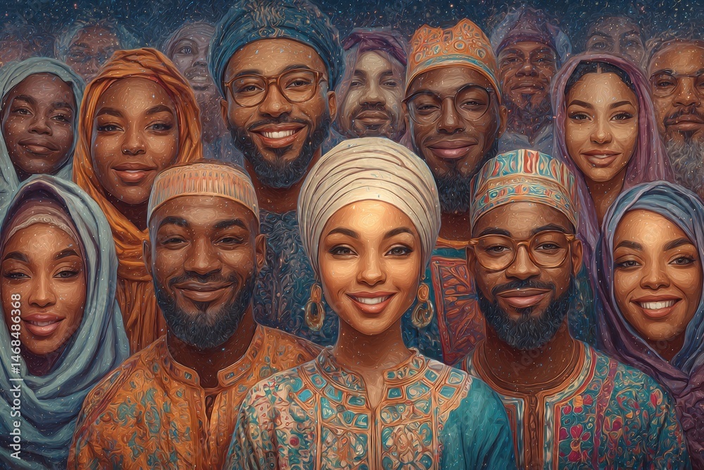 A group of individuals wearing colorful traditional attire smile warmly, showcasing a mix of styles and cultures. Their joyful expressions reflect camaraderie and celebration in a lively atmosphere.