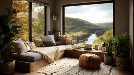 Poster - Cozy living room nook with large windows overlooking a serene autumn landscape