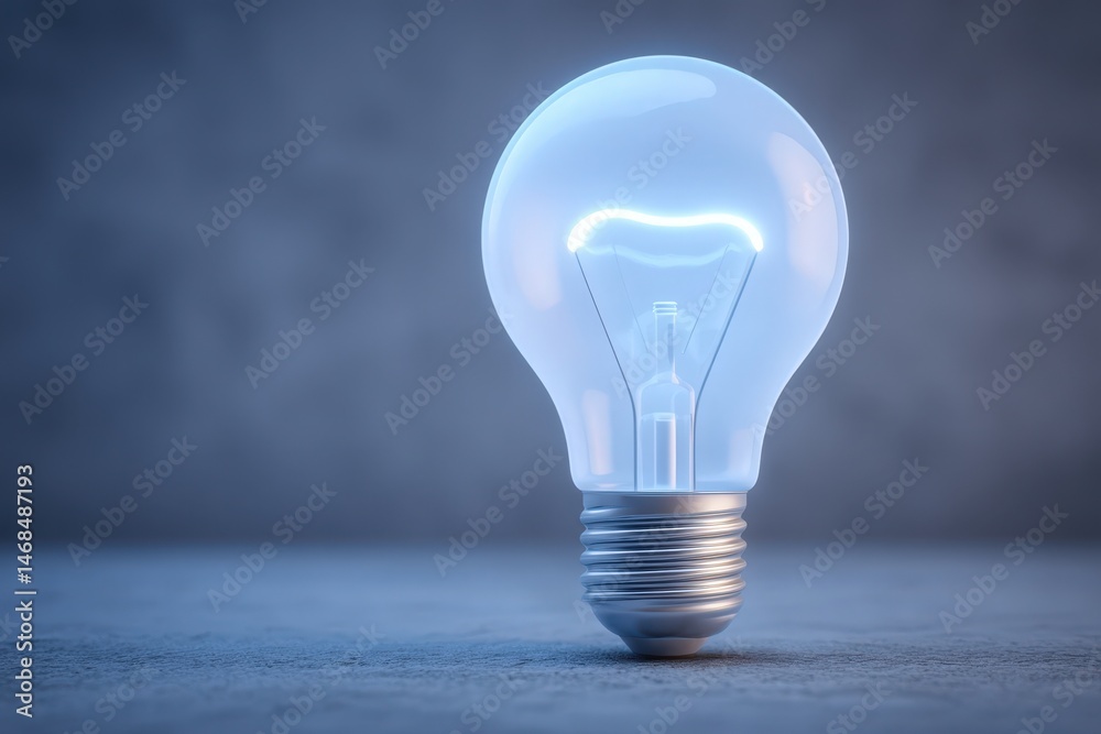 A clear glass light bulb stands upright on a textured surface, emitting a soft glow that highlights its sleek shape. The background is subtly blurred, enhancing its focus and elegance.