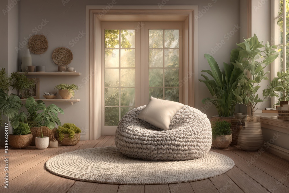 A bright and inviting room features a plush bean bag chair with a cushion, surrounded by lush plants and soft decor. Sunlight streams through the windows, creating a serene atmosphere.