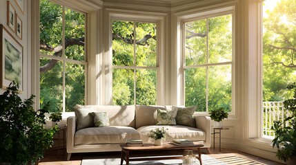Poster - Cozy living room with bay windows overlooking green trees on a bright, sunny day