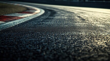 Wall Mural - capture of an empty f1 track focusing on a wet surface, showcasing the detail and curves of the road