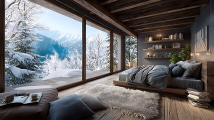 Poster - Cozy modern chalet bedroom with stunning mountain views during winter surrounded by snow, covered trees