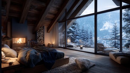 Aufkleber - Cozy modern chalet bedroom with stunning mountain views during winter surrounded by snow, covered trees