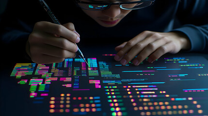 Focused Programmer Coding On Digital Interface With Colorful Lines