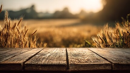 Poster - Desk above wheat field with space for display, fall harvest background