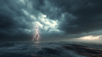 Poster - Dramatic thunderstorm over turbulent ocean waters showcasing bright lightning at dusk