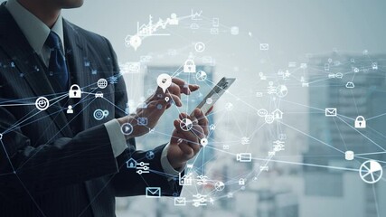 Fototapete - Business people using smartphones and digital network concept