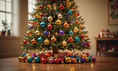 Wall Mural - Dazzling Christmas tree, multicolored ornaments, warm light glow ,  festive,  xmas,  holiday background