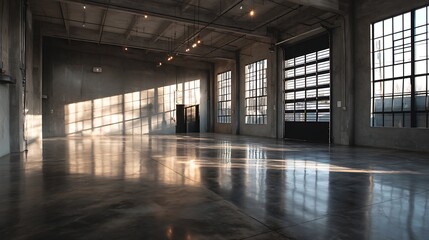 Aufkleber - Empty industrial space with polished concrete floor and large garage doors in daylight